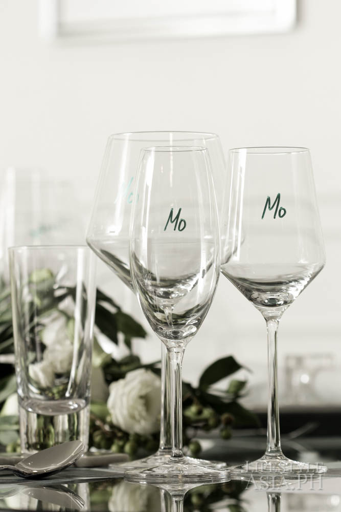Instead of place cards, stemware were labeled with the names of guests