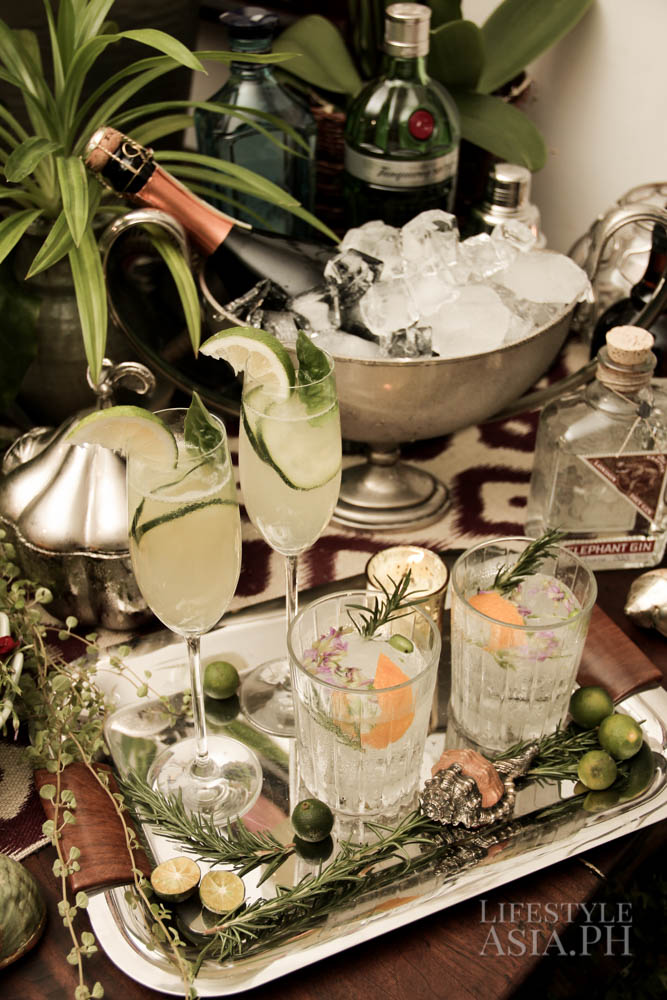 Lime basil Prosecco spritzers and Gin and Tonic are presented in stylishly undone taste