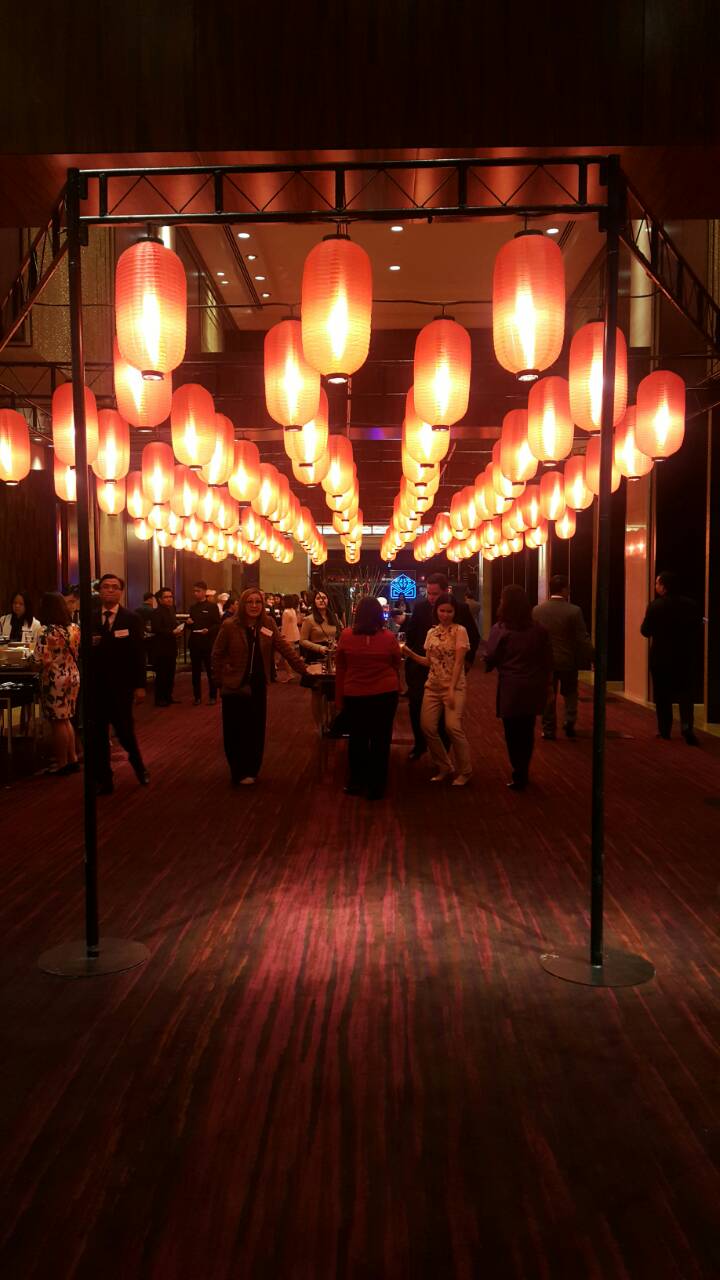 Red Japanese lanterns in the foyer of the Grand Ballroom 