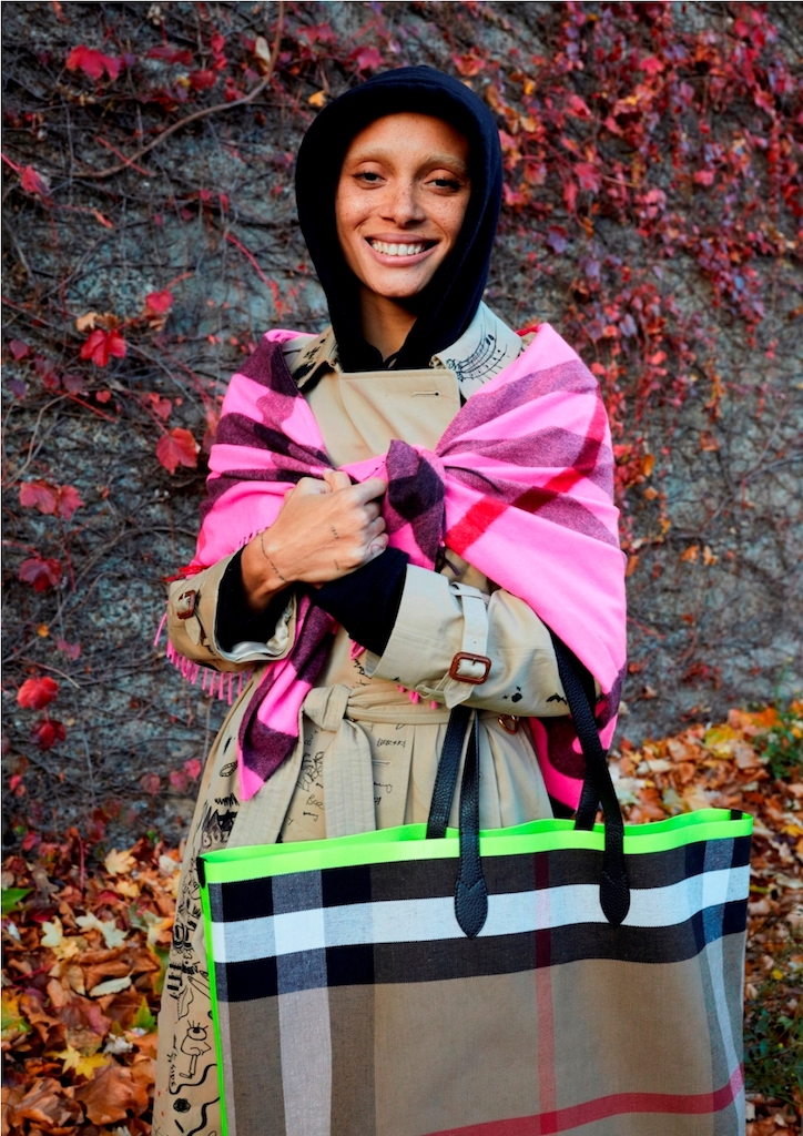 Adwoa Aboah in a Hot Pink Burberry Wool Scarf
