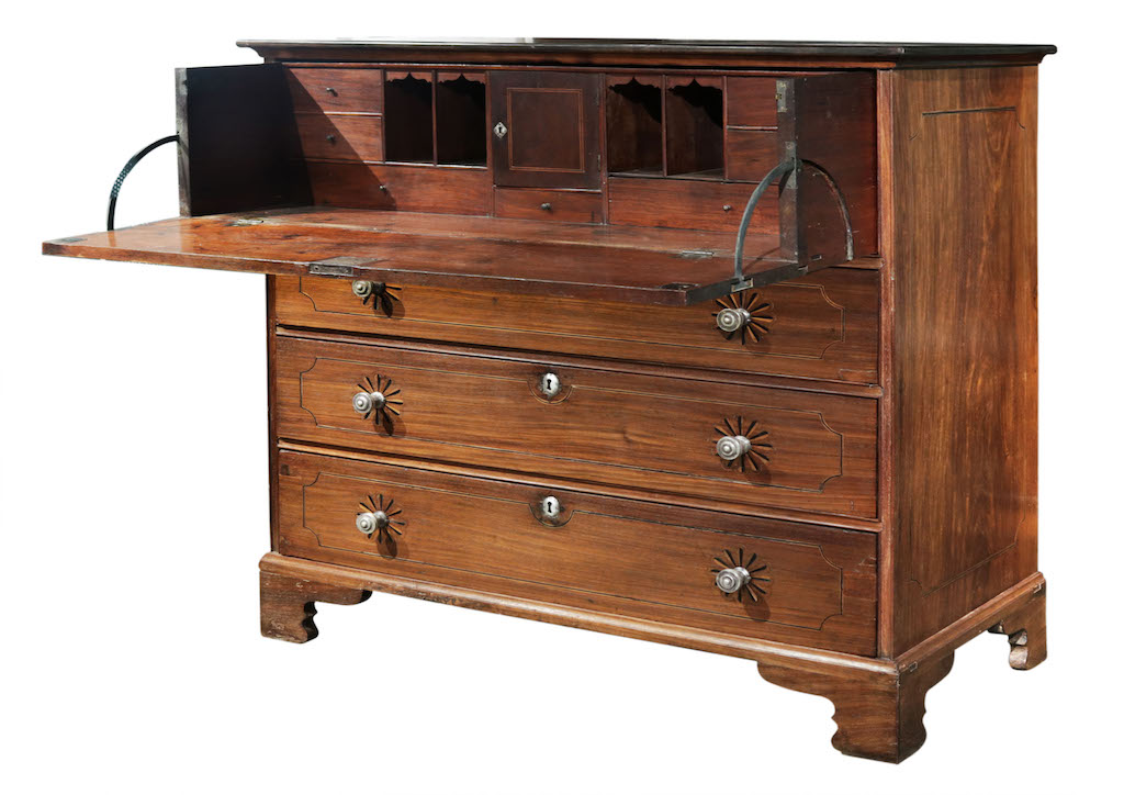 Chest Of Drawers With Escritorio Mid-19th Century Narra, Kamagong, Lanite and Silver H: 43 1/4” x L: 42 3/4” x W: 21 1/4” (110 cm x 111 cm x 54 cm)