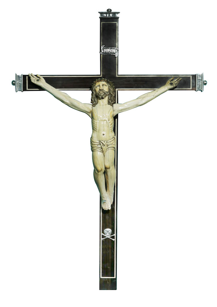 Crucifix Early 19th Century Molave christ: H: 53” x L: 34” x W: 8” (135 cm x 86 cm x 20 cm) crucifix: H: 103” x L: 45” x W: 11” (262 cm x 114 cm x 28 cm)
