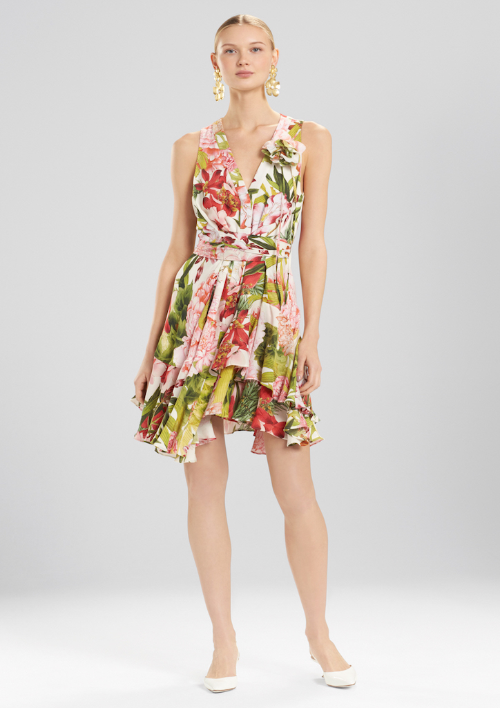 Josie Natori SS 2018 Collection Paradise Floral Sleeveless Dress with Corsage
