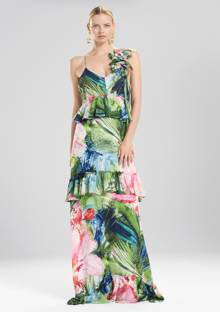 Josie Natori SS 2018 Collection Sunset Palms Tiered Maxi Dress with Corsage