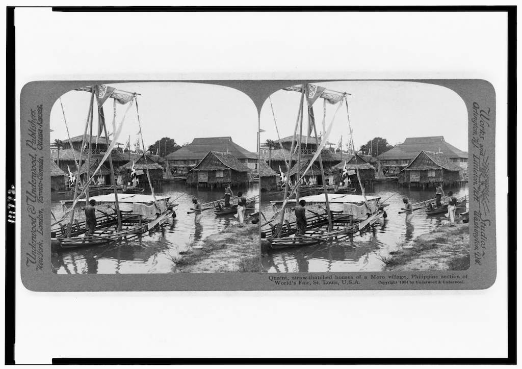 Moro Village" at the Philippine Reservation, 1904 St. Louis Fair, Stereograph Card, Library of Congress.