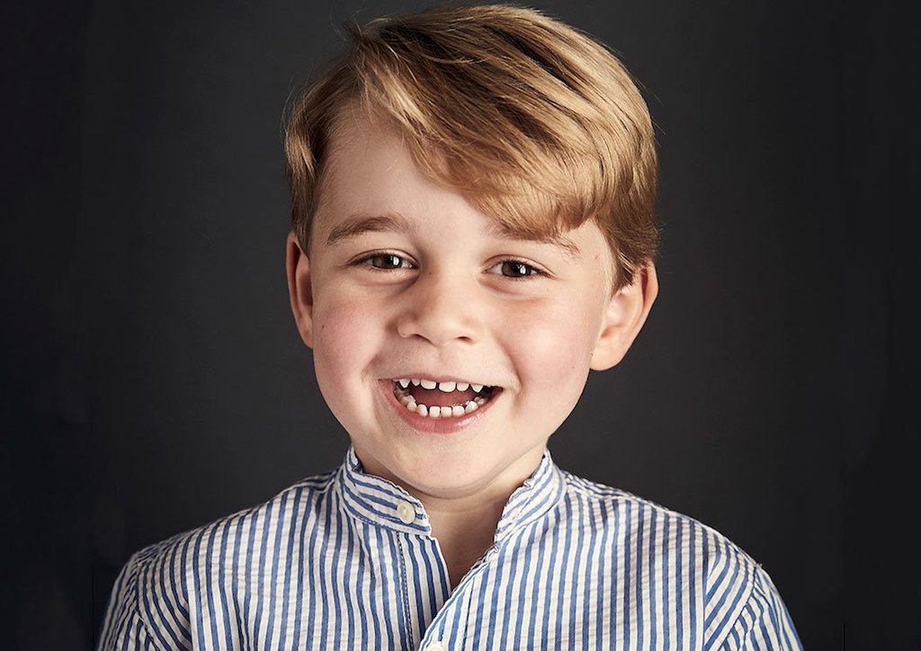 Prince George on his 4th birthday waring a simple pin-stripe button-up polo shirt