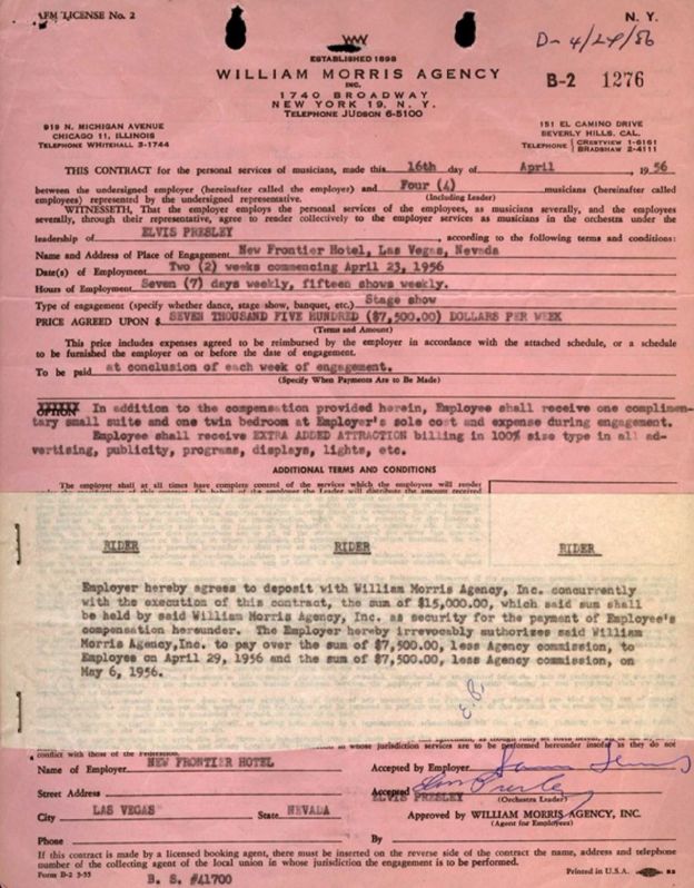Elvis Presley 1956 contract for a Las Vegas show (Image courtesy of BBC News)
