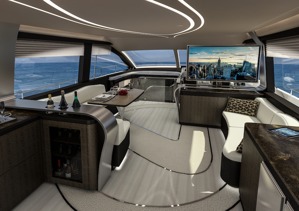 The yacht's salon is filled with all of the modern amenities