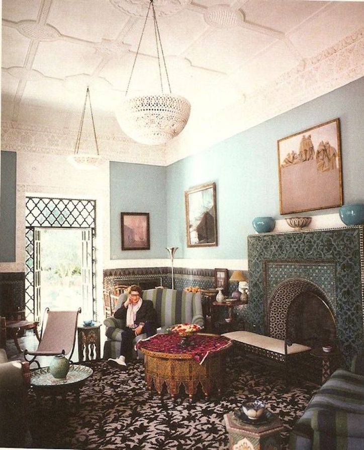 Yves Saint Laurent at the drawing room of his villa in Morocco