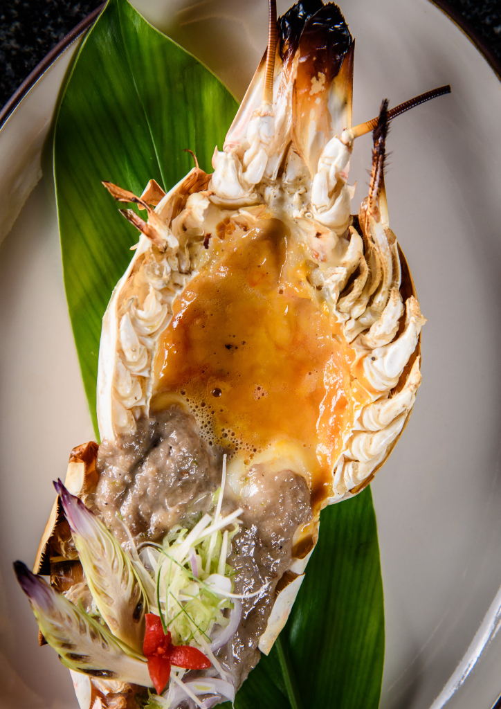 Grilled river prawn, salted baby shrimps cooked in fresh coconut milk