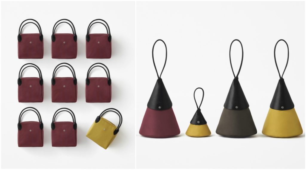 Longchamp x Nendo bags in mustard and burgundy colors