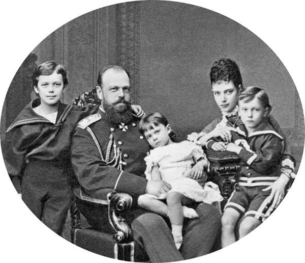Tsar Alexander III, his wife Marie Fedorovna, and their three eldest children 1878