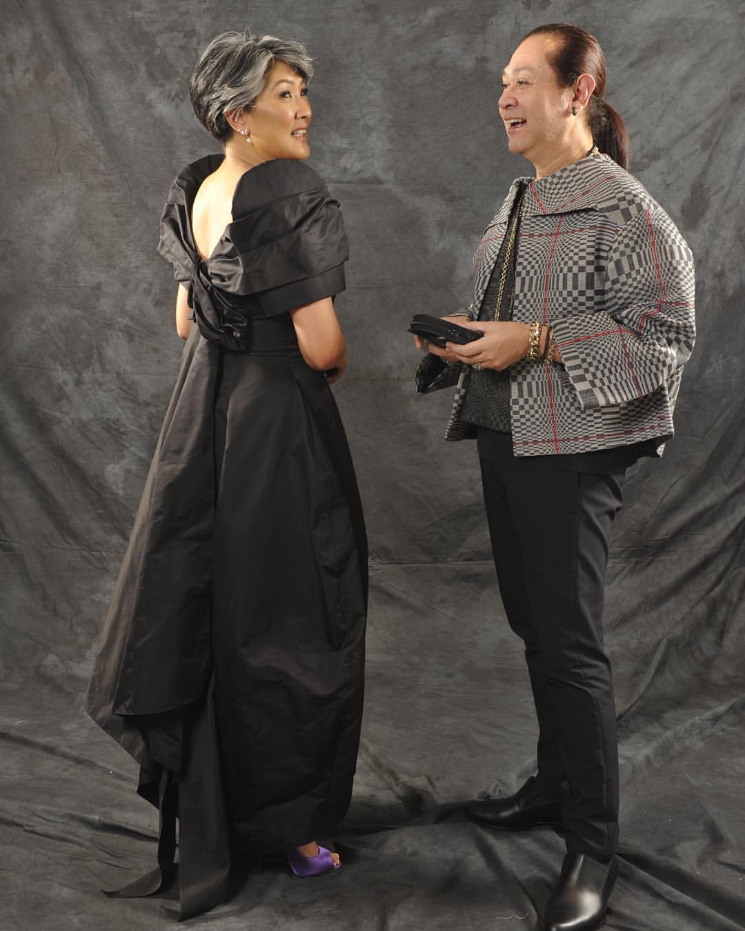 Irene Araneta (left) in a black grossgrain bubbleskirt terno designed by Pepito Albert (right)