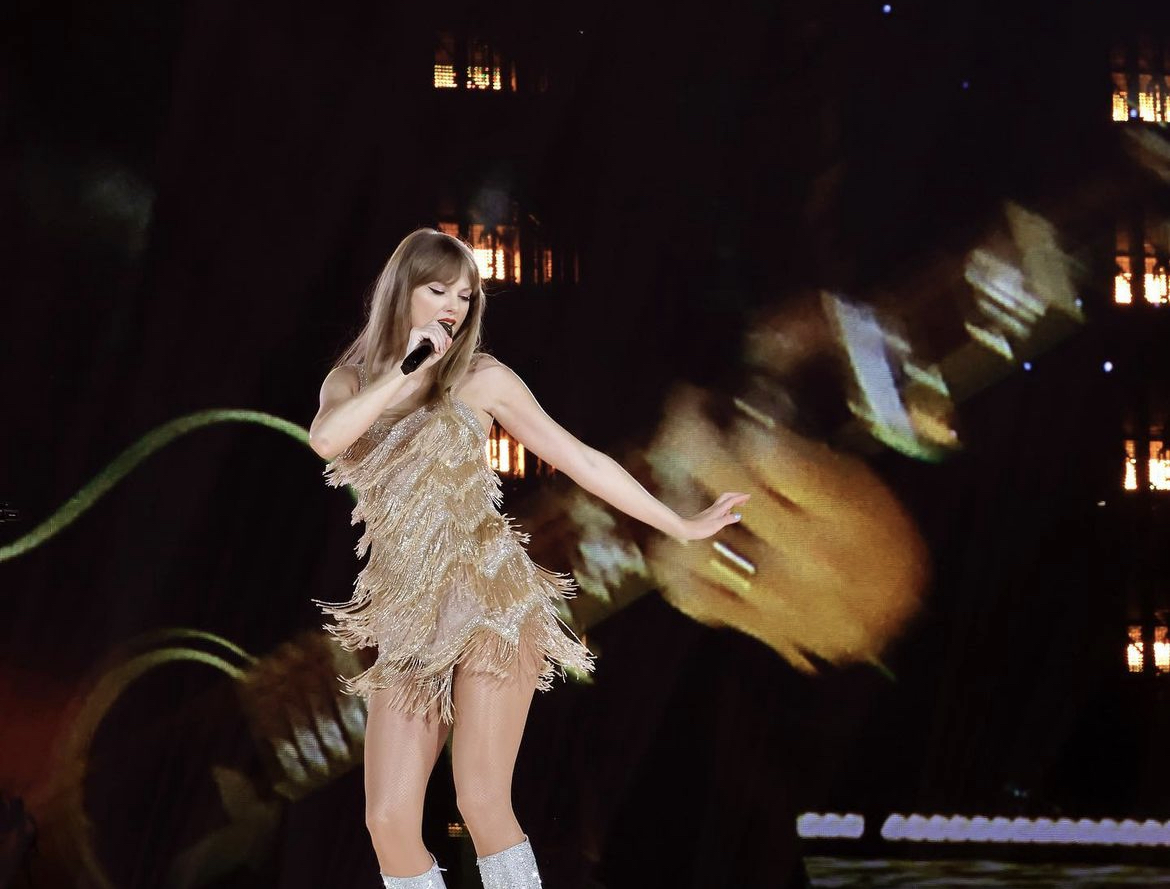 A frilly, gold Roberto Cavalli one-piece that Swift wore while performing songs from Fearless