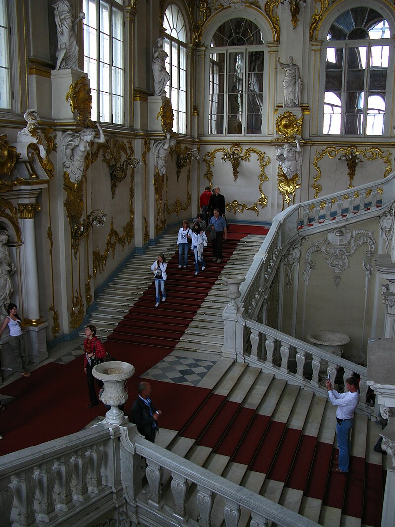 Inside the Hermitage museum, with its grand staircase and gilded walls