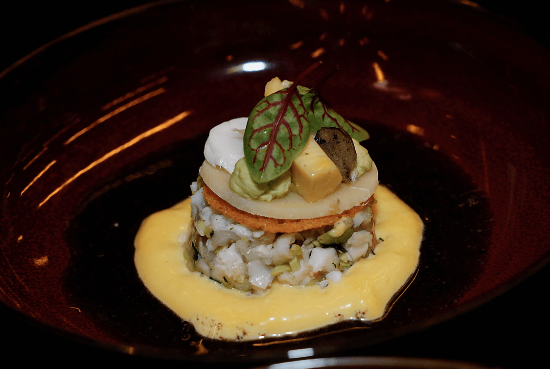 Chef Tohru Nakamura's Rock Lobster, Botanebi, brown miso butter, bamboo shoots, edamame, Perigord truffle