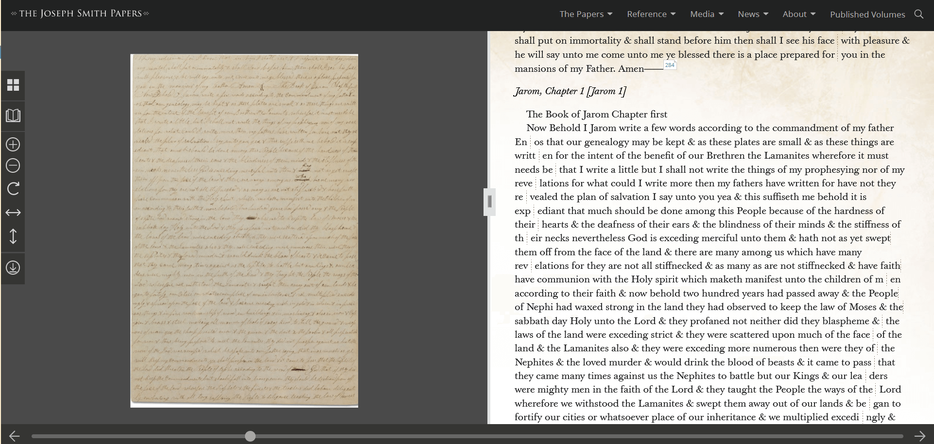 LDS Church's "The Joseph Smith Papers" archive makes scans of the valuable manuscript available to the public, with digital translations on the side