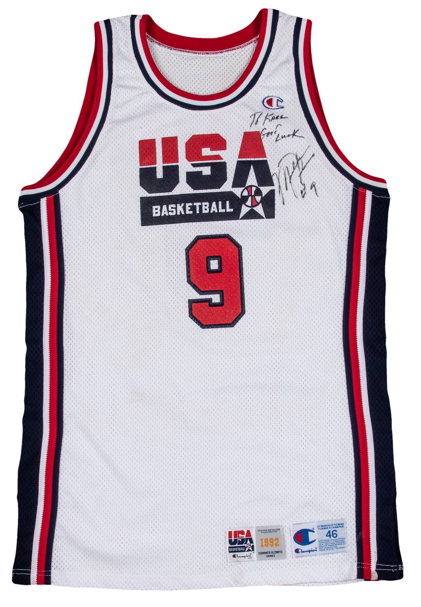 The signed front of the valuable Olympic jersey