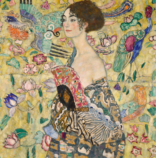 Klimt's "Lady with a Fan" (oil on canvas, 39 ½ by 39 ½ inches)