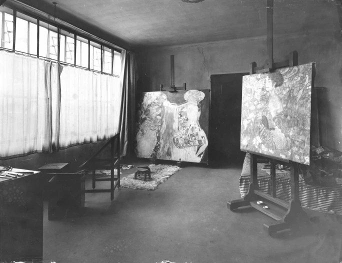 "Lady with a Fan" can be seen propped on an easel in Klimt's studio (right-most)