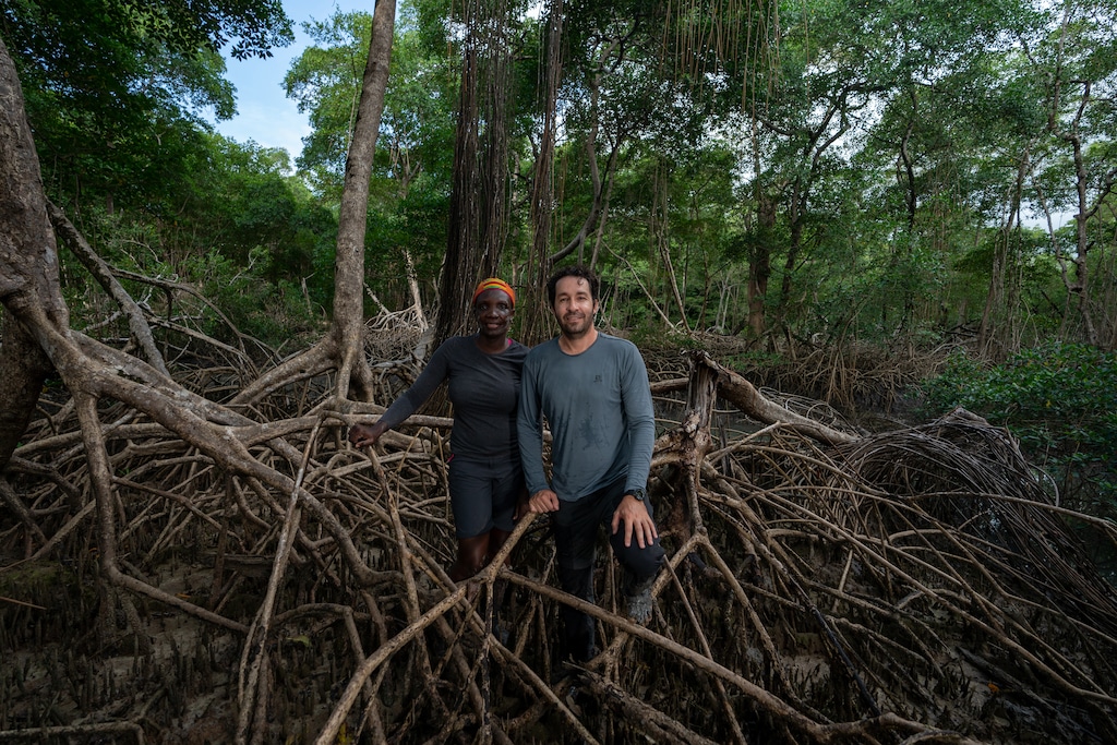 National Geographic Explorers Margaret Owuor and Angelo Bernardino in the mangrove forest that neighbors Muriá river, Pará, Brazil