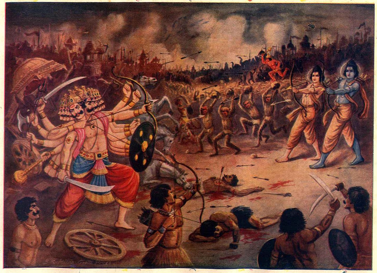 The fight between Ravana (L) and Rama (R)