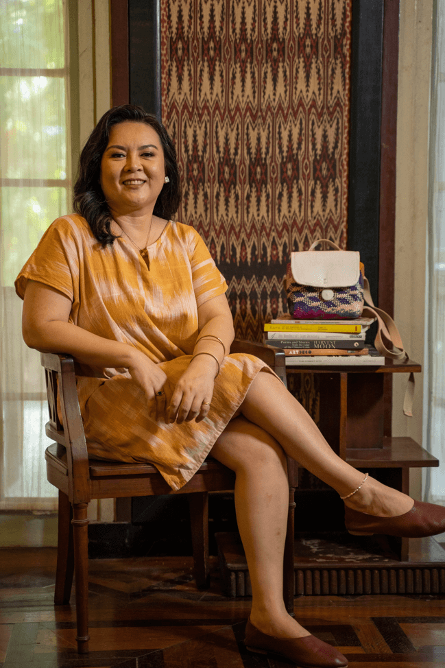 Traditional textile advocate and product developer, Rambie Lim; On Lim: Bin Al Kay Cotton Ikat Dress from Rurungan Collective
