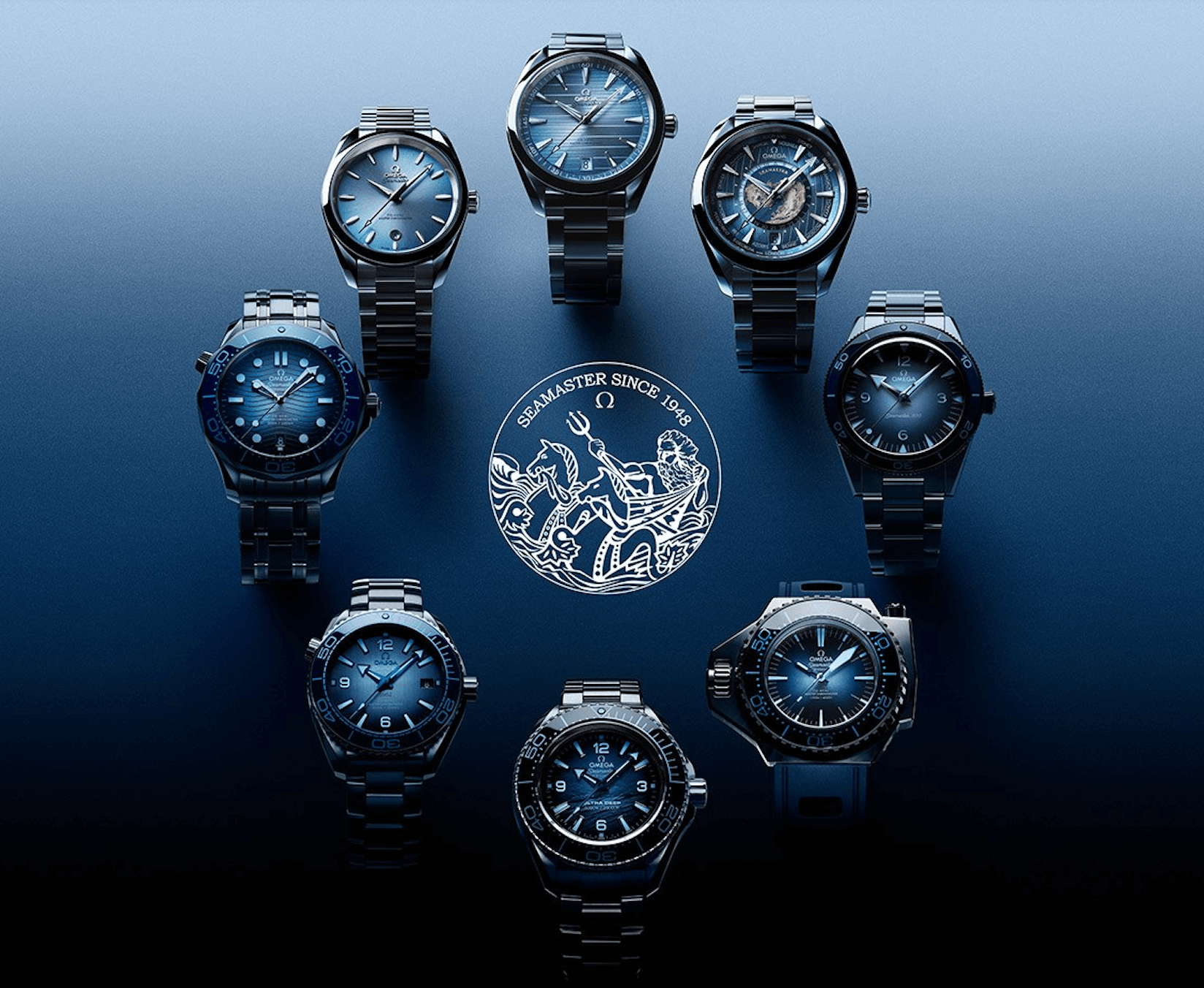 To celebrate its oceangoing icon, OMEGA has produced a collection of watches with dials in various layers of Summer Blue. A striking tone reminiscent of a perfect day on a boundless sea.