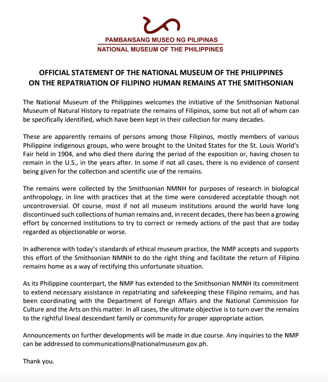 The official statement released by the National Museum of the Philippines on the repatriation of Filipino remains