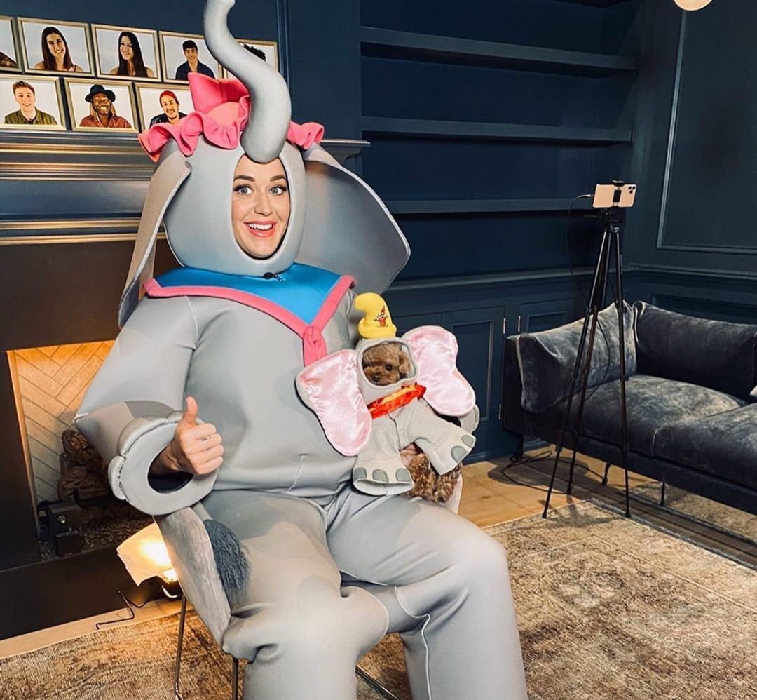 Nugget in matching Dumbo costumes with her human mom