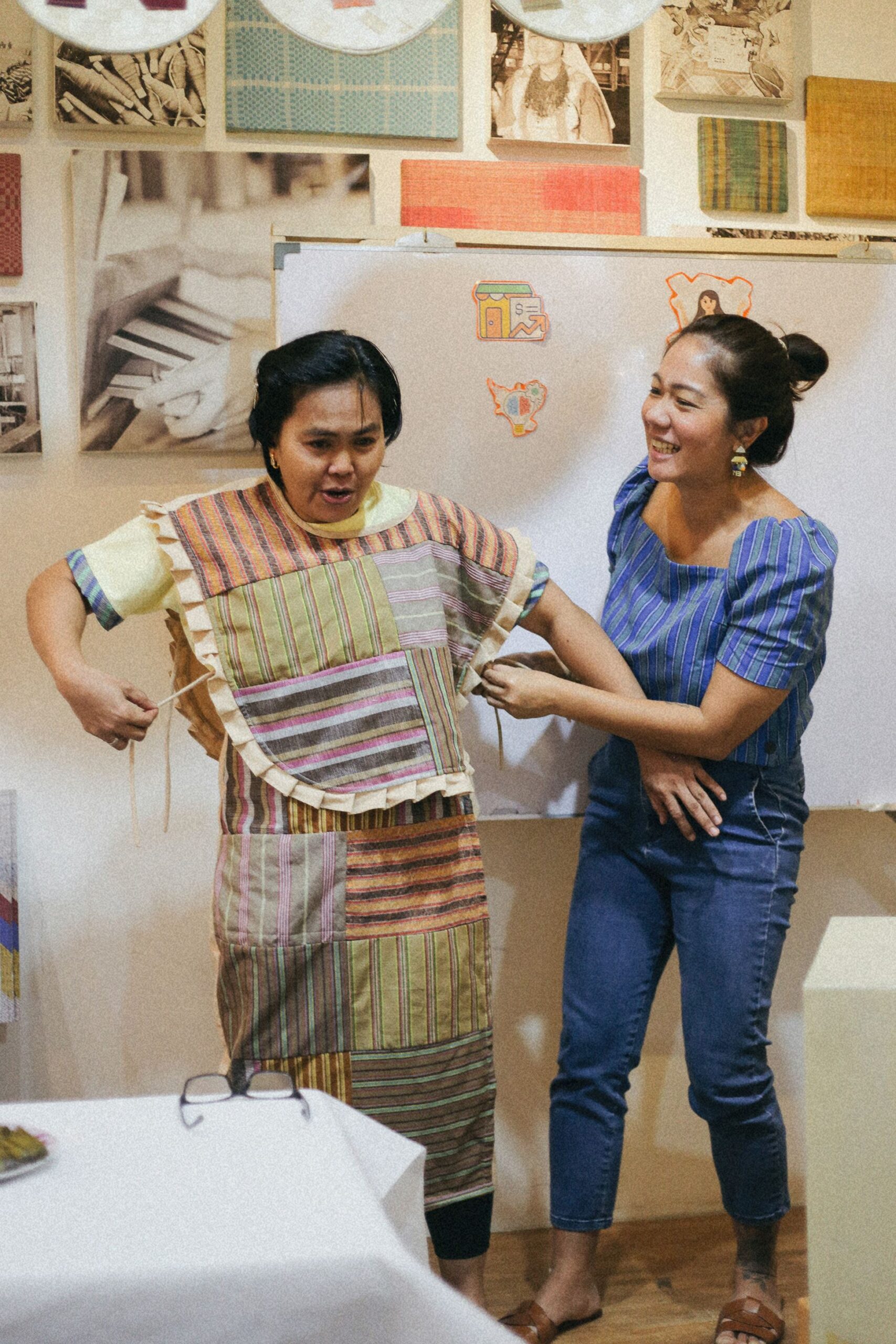 Anya Lim helping out Bayani Artisan and "Master Seamstress" Ate Belen model her creations and rewards for our crowdfunding campaign