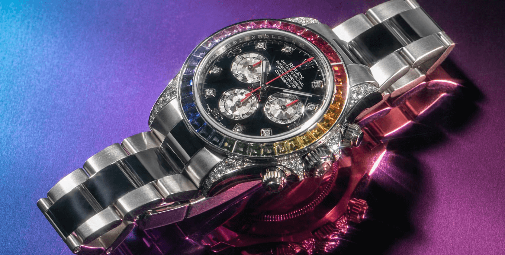 The crown jewel that stands out: the Rolex Daytona Rainbow. 