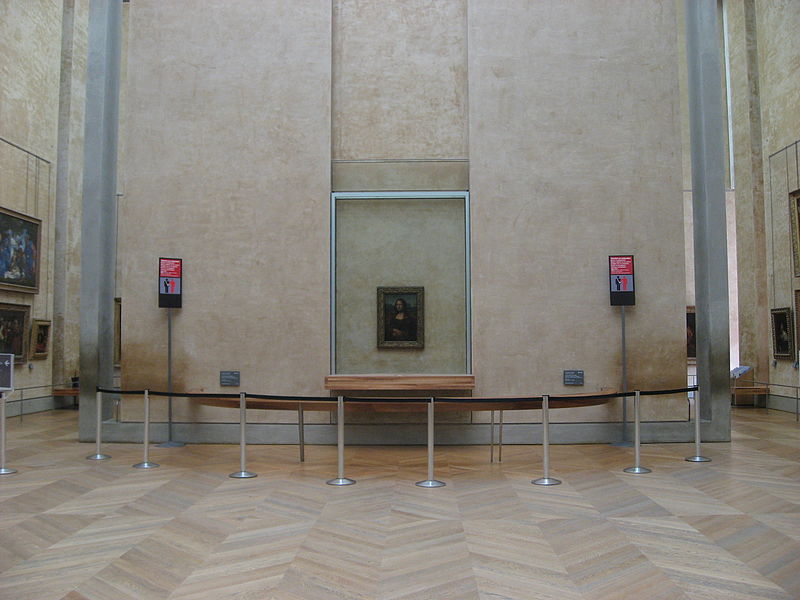 The installation of Mona Lisa in the Louvre Museum, without the crowd in front of it.