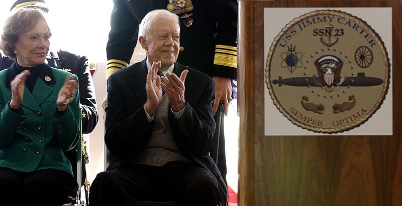  Former President Jimmy Carter and his wife Rosalynn reacts after a speech during the commissioning ceremony for Seawolf-class nuclear-powered attack submarine USS Jimmy Carter (SSN 23) in Groton, Conn.