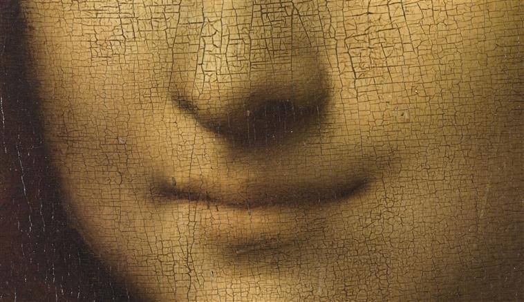 Portrait de Mona Lisa. Detail of the smile by Leonardo da Vinci.