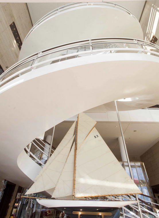 A spiral staircase inside the Yacht Club de Monaco's clubhouse