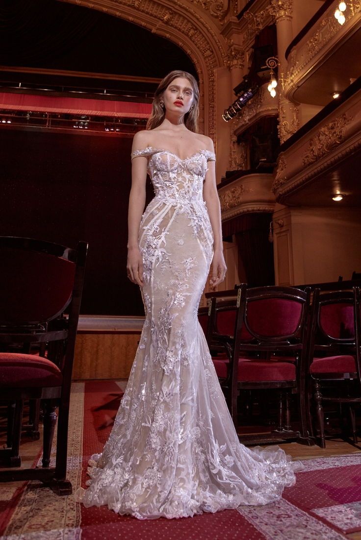 A wedding gown with a corseted bodice