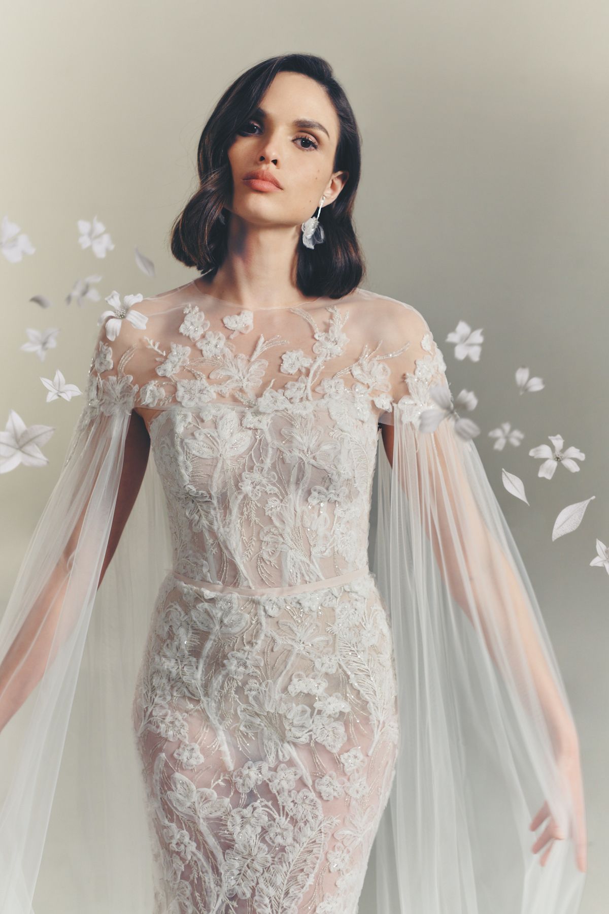 An elegant wedding dress with embroidered floral patterns