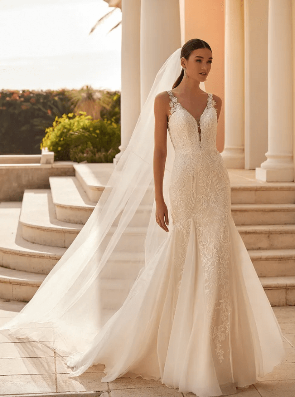 A mermaid-style wedding dress with embroidered straps and a V neckline