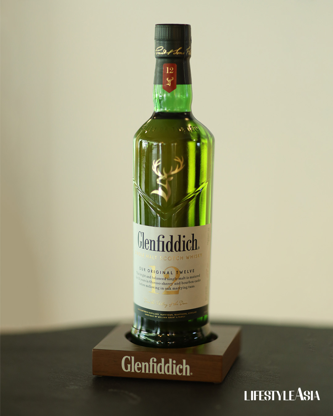 Glenfiddich 12 Year Old Single Malt Whisky in a green bottle