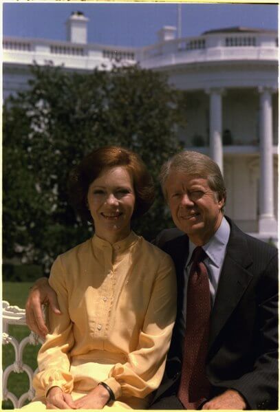 Rosalynn Carter and Jimmy Carter on the south lawn. 