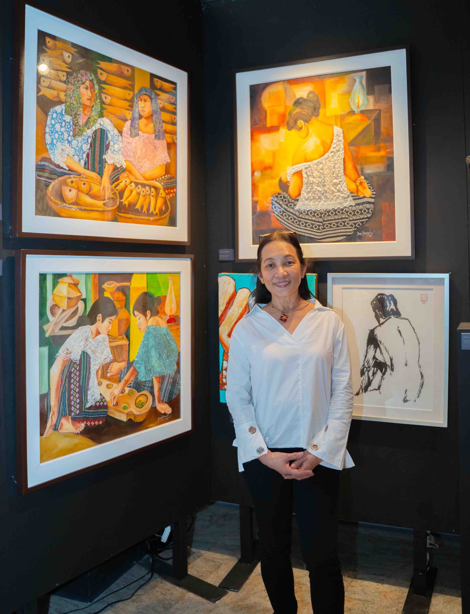 Ronna Manansala with featured work (top two) “Tindera”, "Ang Pagmamahal Ng Ina," and "Sungka," (bottom left), 2023, 26 x 30 inches, mixed media on canvas