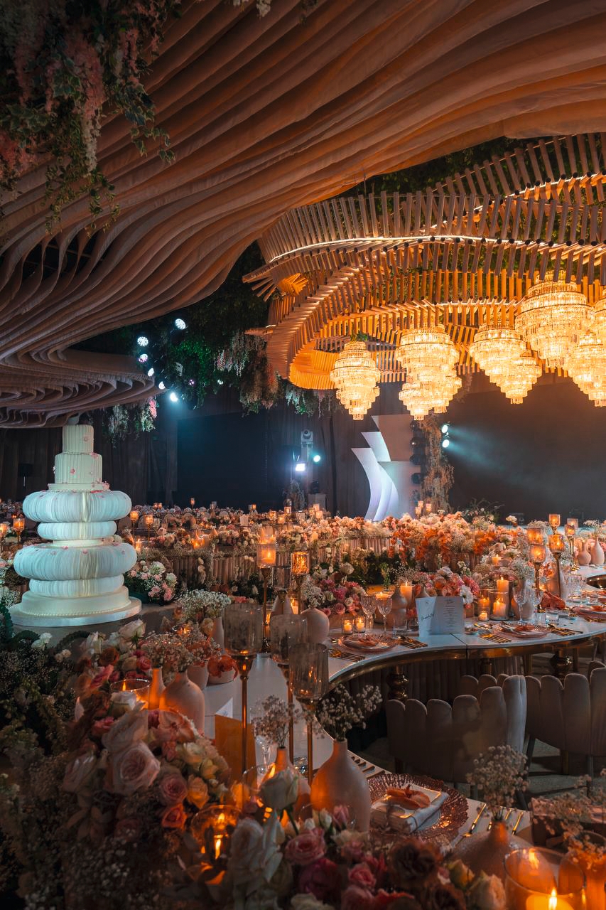 The wedding venue is decorated from floor to ceiling