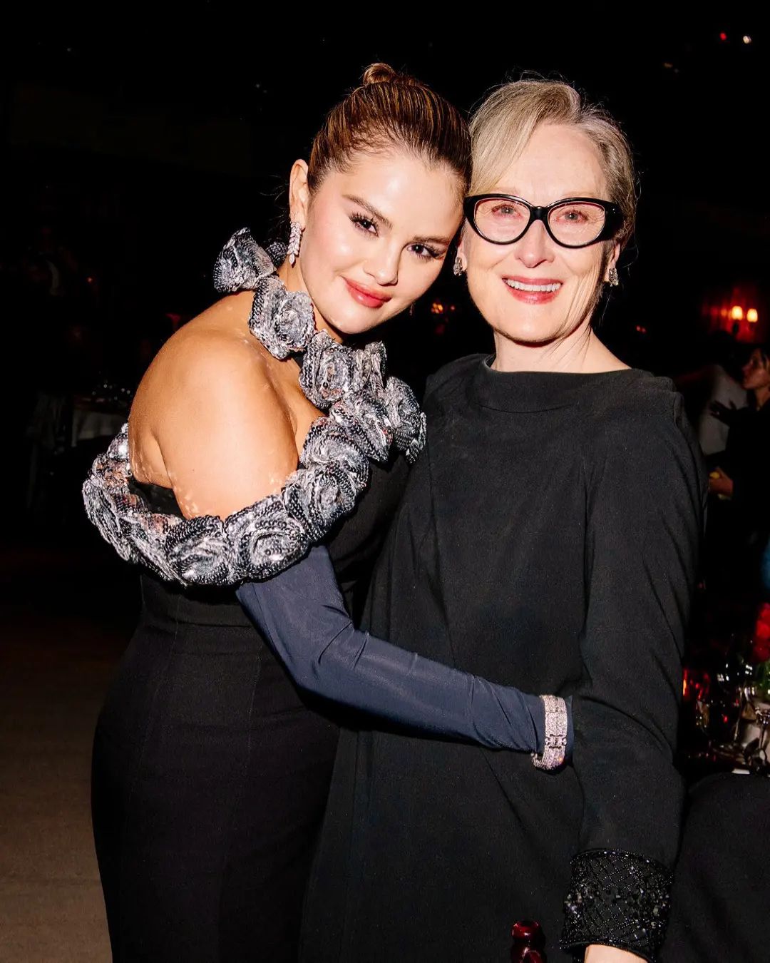 Selena Gomez poses with Academy Museum Gala honoree, Meryl Streep