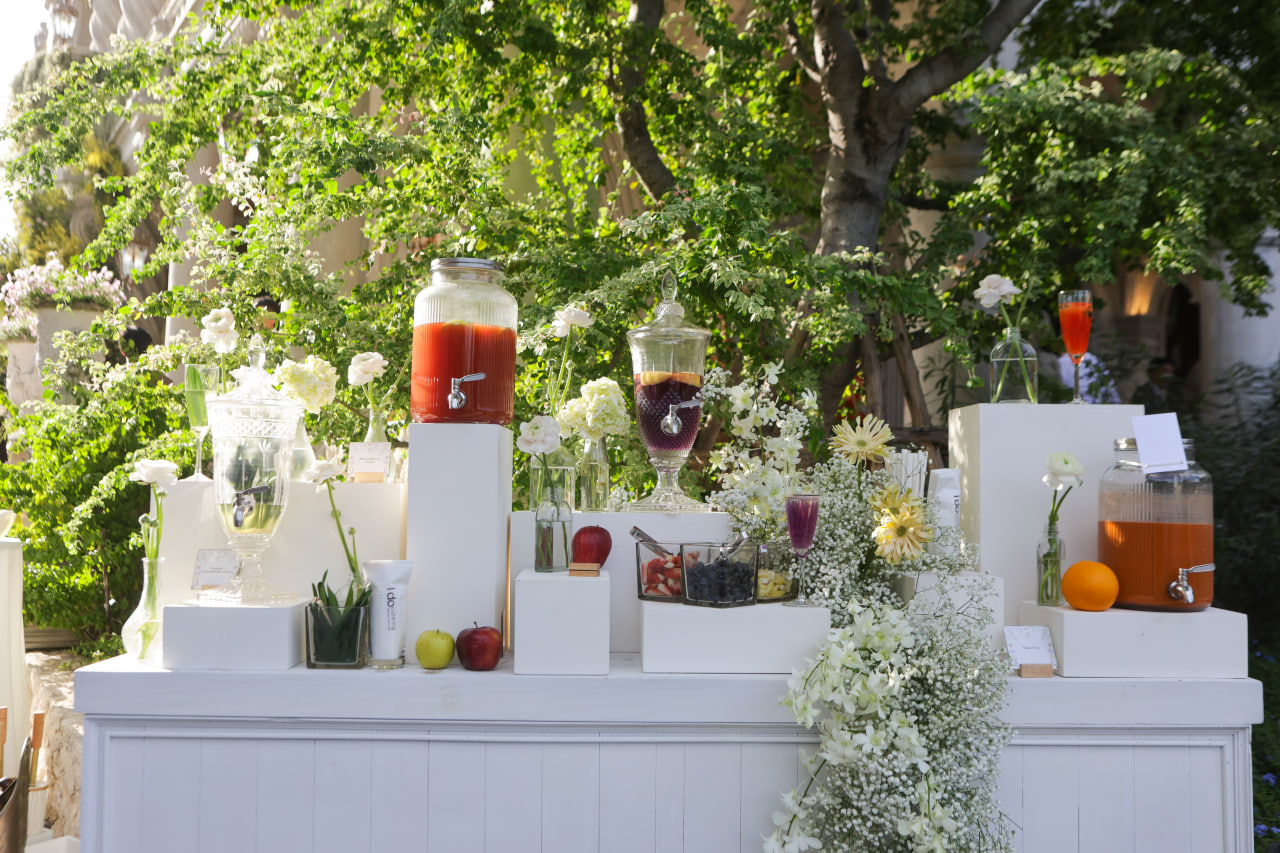 Rustic-themed drinks station on site