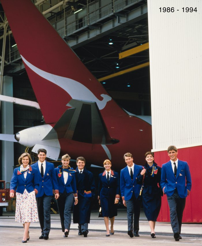 Crew wearing the Qantas Airways uniform designed by Yves Saint Laurent in 1986