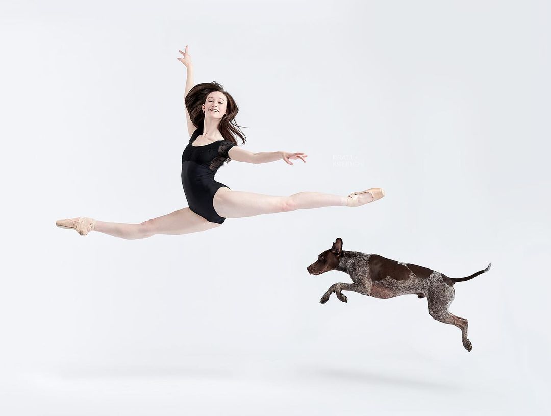 Ever Larson from Colorado Ballet with Griffin, a German shorthaired pointer