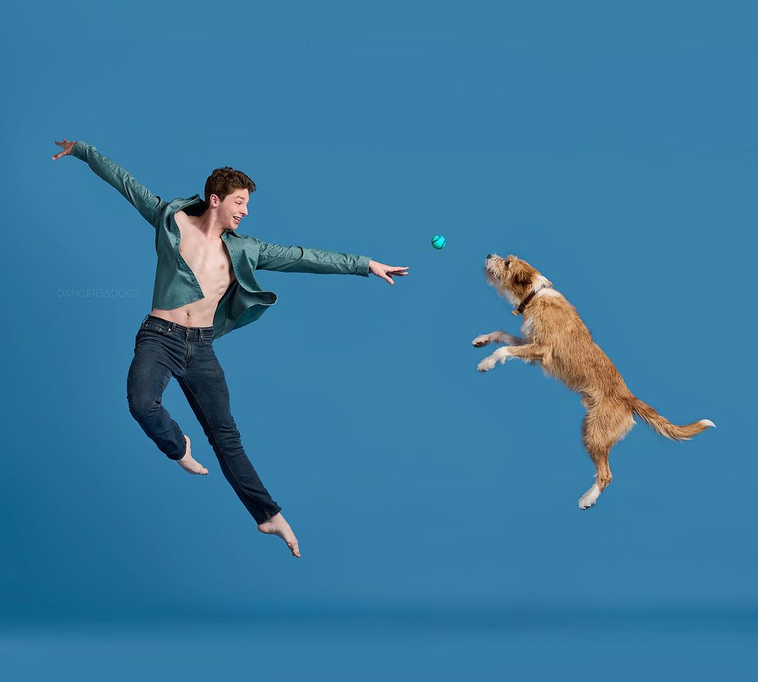 Saint Louis Ballet dancer Charlie Cronenwett with Rabbitt the mixed breed