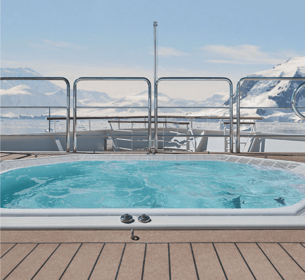 The cruise ship’s outdoor jacuzzi with a majestic outdoor view