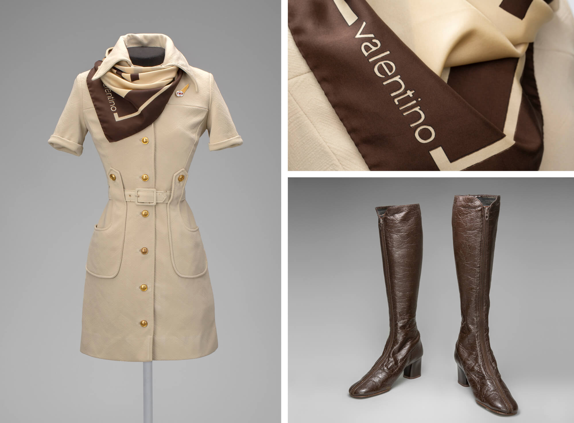 The Trans World Airlines uniform in beige, designed by Valentino in 1971